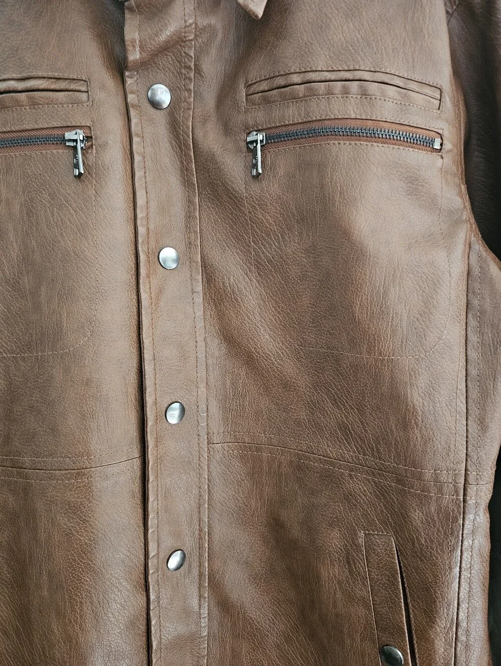 Fried Denim Faux Leather Jacket Men’s L Brown Moto Trucker Shirt Jacket Soft